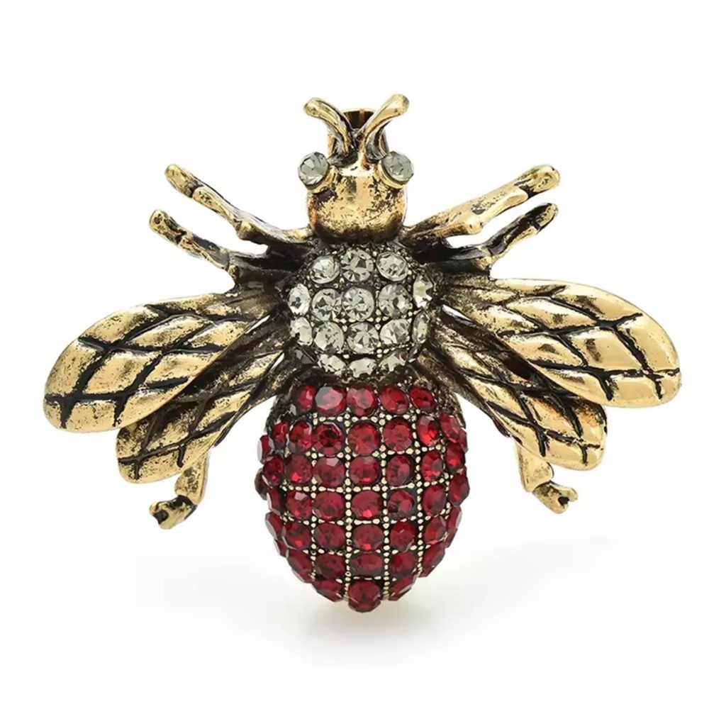 Gold Red Bee Crystal Brooch